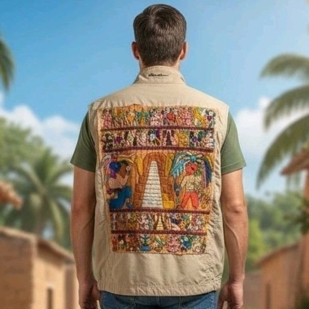 Vintage Eddie Bauer Ripstop Vest Men's XXL Tan Fishing Outdoor Mayan Print RARE